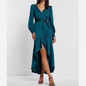 Express  LONG SLEEVE SURPLICE RUFFLE MAXI Teal emerald Wrap Dress XS